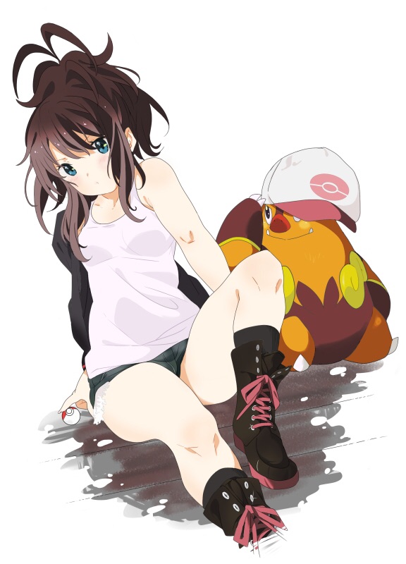 10s, 1girl, 216_zig, baseball_cap, brown_hair, denim, denim_shorts, hat