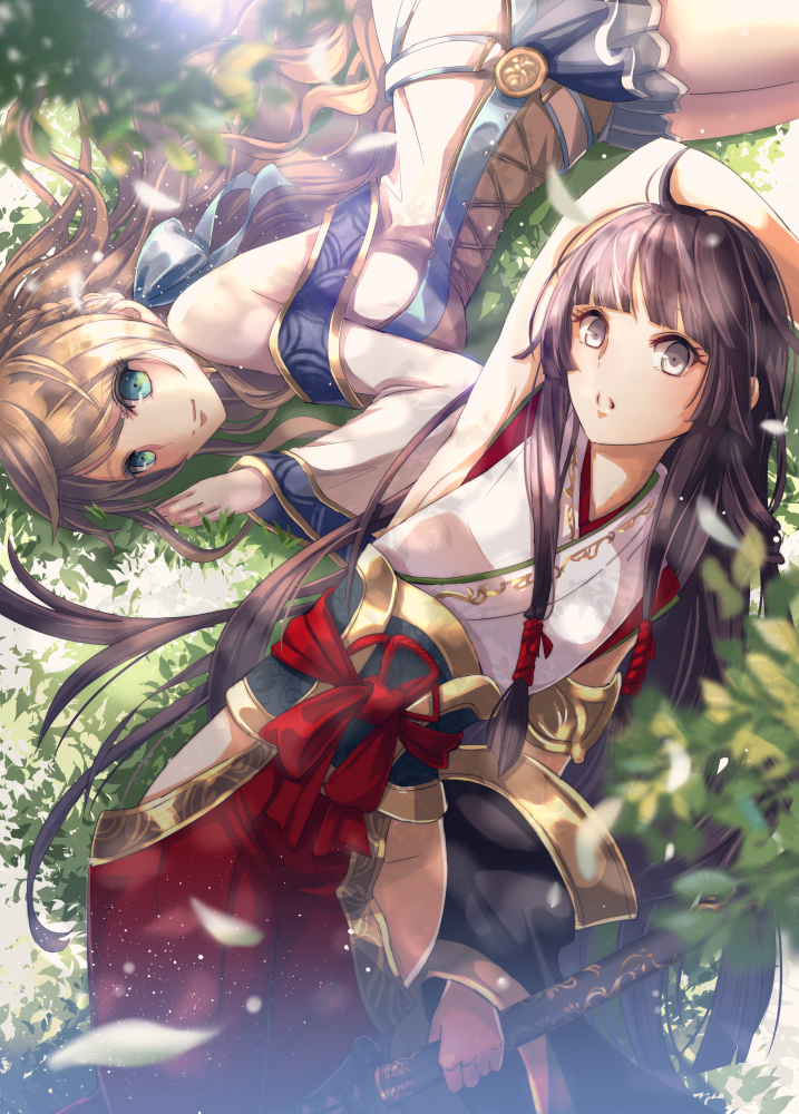 2girls, aqua_eyes, black_hair, blonde_hair, breasts, copyright_request, hair_ribbon, hips