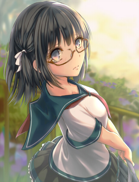 1girl, black_hair, blurry, depth_of_field, glasses, looking_up, original, school_uniform
