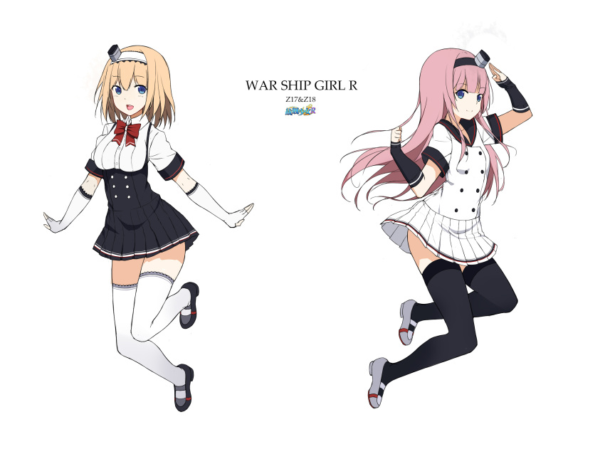 2girls, :d, arms_up, bangs, black_legwear, black_shoes, black_skirt, blonde_hair