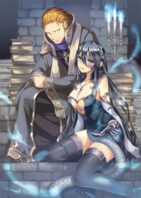 1boy, 1girl, ain_soff_oulu, black_hair, book, breasts, brown_hair, candle, cleavage, cover, cover_page, elbow_gloves, gloves, headpiece, long_hair, maou_no_hajimekata, official_art, robe, shintou, short_hair, snake, spina