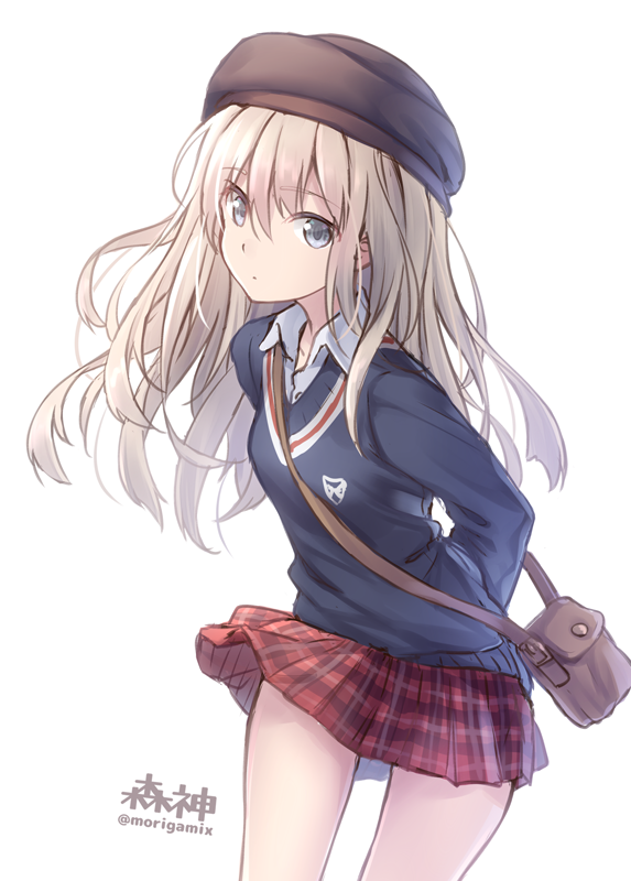 1girl, bag, blazer, blonde_hair, blue_eyes, hat, jacket, kantai_collection
