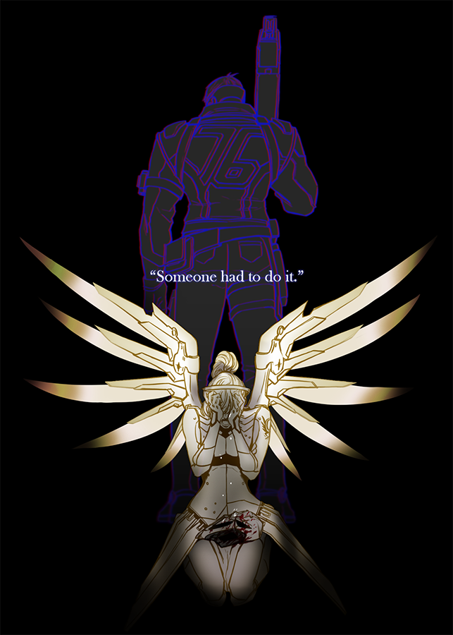 1boy, 1girl, assault_rifle, belt_pouch, black_background, blood, bloody_mask, bodysuit, character_name, covered_mouth, crying, explosive, face_mask, faulds, gloves, grenade, gun, hands_on_own_face, headgear, holster, jacket, kneeling, loincloth, long_hair, mask, mechanical_halo, mechanical_wings, mercy_(overwatch), over_shoulder, overwatch, pants, pantyhose, pelvic_curtain, ponytail, reaper_(overwatch), rifle, short_hair, simple_background, skull_mask, soldier:_76_(overwatch), spot_color, spread_wings, teardrop, tears, thigh_holster, thigh_strap, visor, weapon, weapon_over_shoulder, wing_print, wings