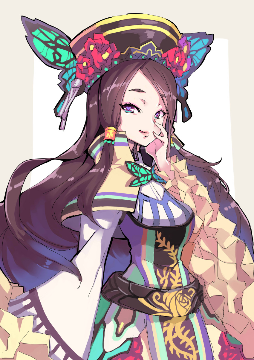 1girl, :q, absurdres, black_hair, ceda_(dace), chinese_clothes, dan_fei, hat, heart, heart-shaped_pupils, highres, licking_lips, long_hair, symbol-shaped_pupils, thunderbolt_fantasy, tongue, tongue_out, violet_eyes