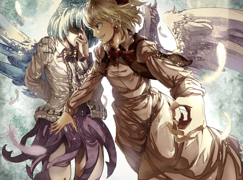 2girls, angel_wings, arm_behind_back, blonde_hair, bow, bowtie, face-to-face, gengetsu