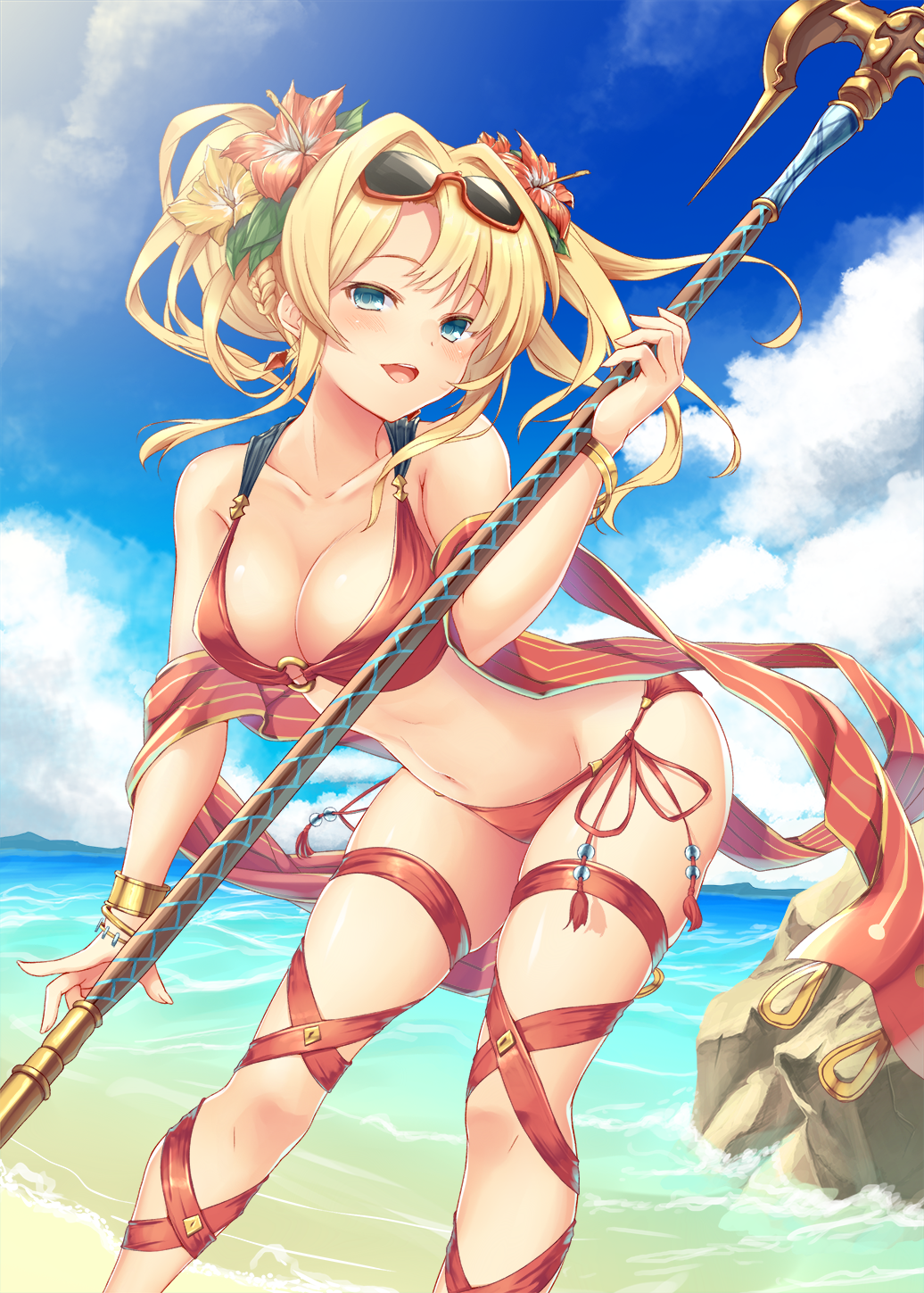 1girl, :d, bangs, beach, bent_over, bikini, blonde_hair, blue_eyes