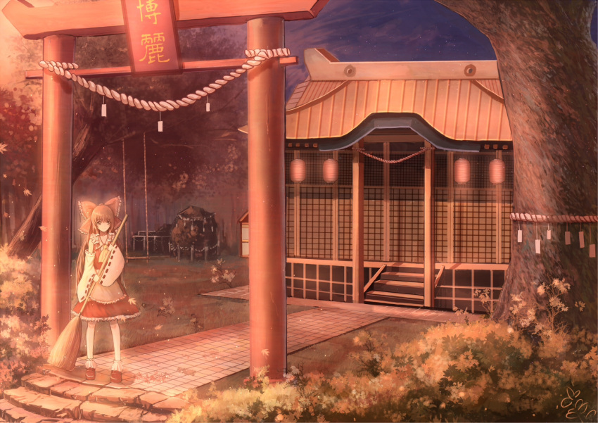 1girl, architecture, autumn, broom, brown_eyes, brown_hair, detached_sleeves, east_asian_architecture