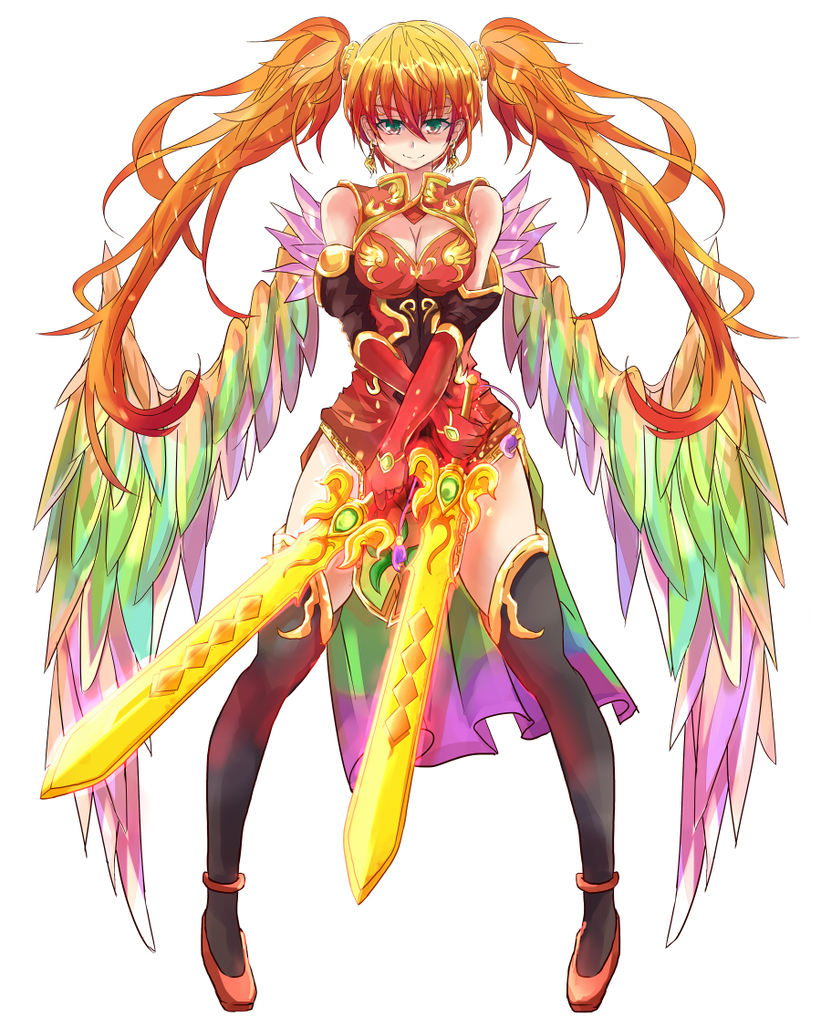 bird_wings, boots, breasts, chinese_clothes, cleavage, cleavage_cutout, dress, dual_wielding