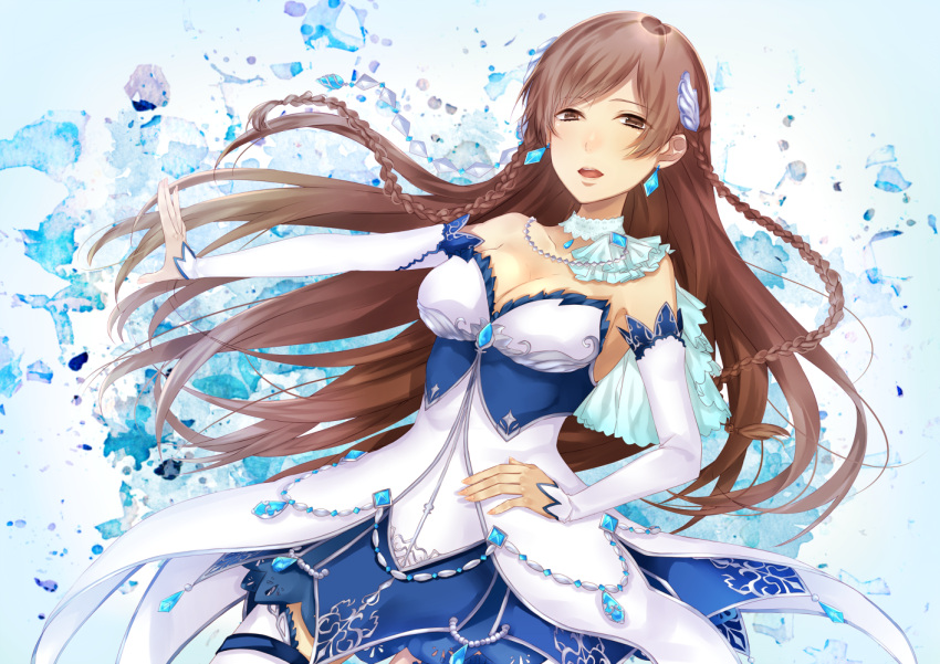1girl, braid, breasts, brown_eyes, brown_hair, cleavage, detached_sleeves, dress