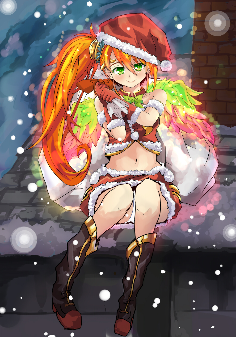 1girl, bird_wings, blush, boots, chimney, fur_trim, gloves, green_eyes