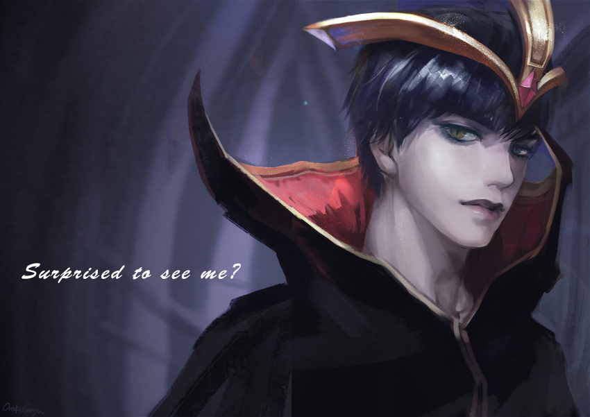 1boy, absurdres, cloak, crown, emilia_leblanc, emilia_leblanc_(cosplay), english, eyeshadow