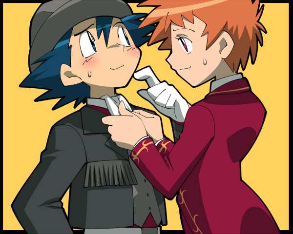 1boy, 1girl, amada, blush, couple, formal, hat, hetero