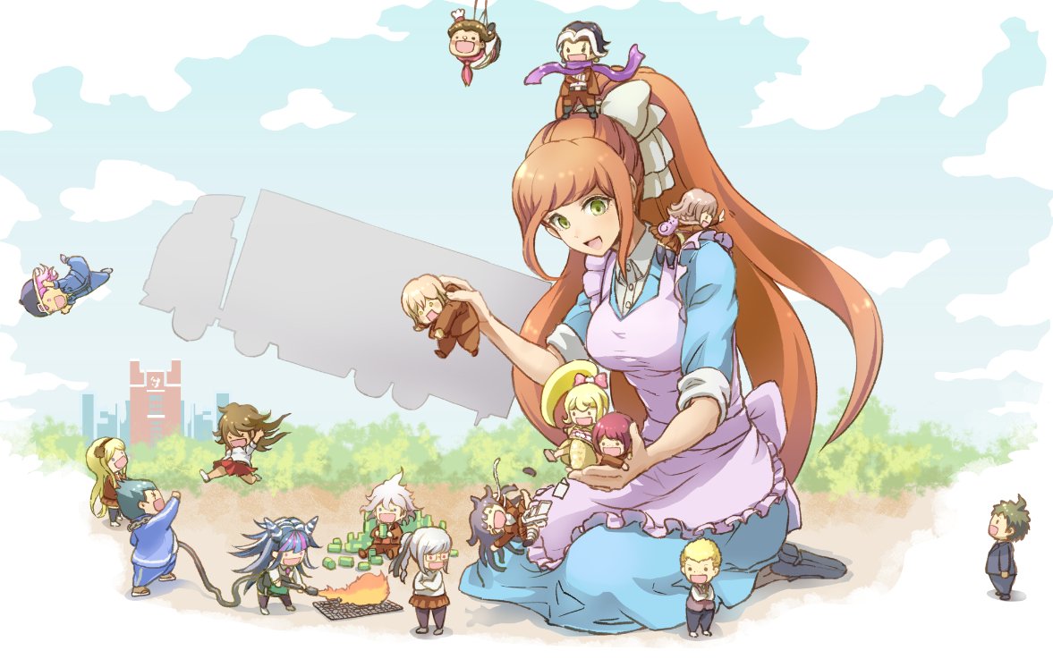 1girl, apron, blue_sky, dangan_ronpa, dangan_ronpa_3, dress, fairy_(jintai), flamethrower