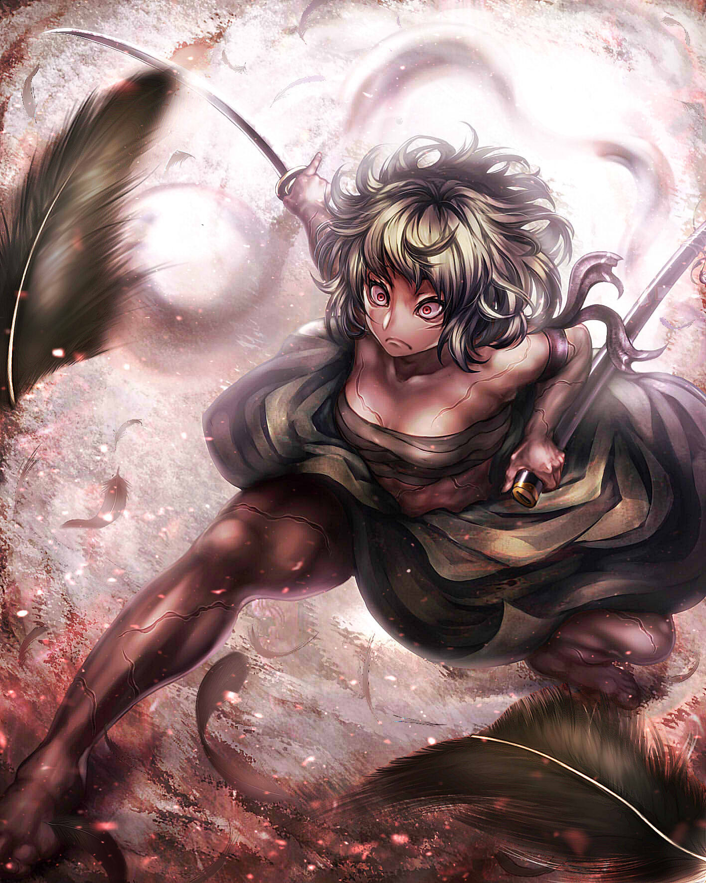 1girl, bare_legs, barefoot, black_feathers, blurry, breasts, closed_mouth, collarbone