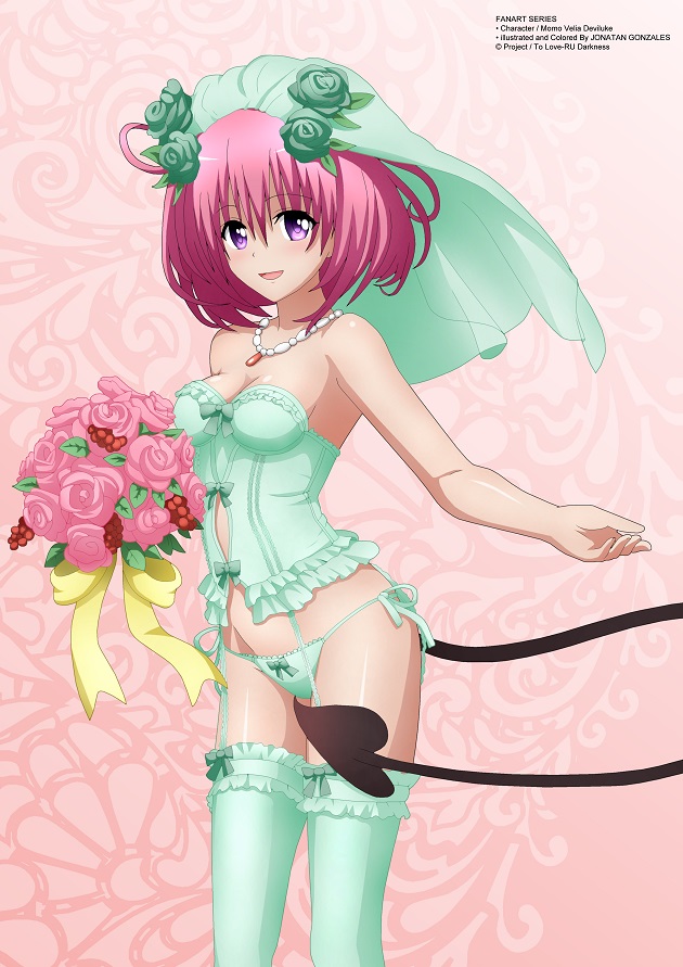 1girl, bra, derivative_work, flower, lingerie, momo_velia_deviluke, panties, pink_hair