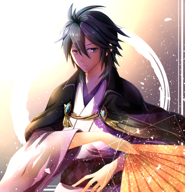 1boy, alternate_costume, black_eyes, black_hair, capelet, cimeri, deere_(fire_emblem_if), fan