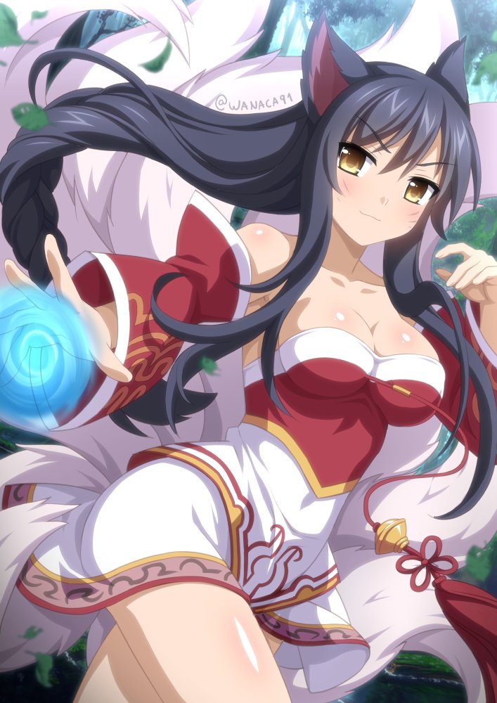 1girl, ahri, animal_ears, bare_shoulders, black_hair, blush, breasts, cleavage, collarbone, detached_sleeves, energy_ball, facial_mark, forest, fox_ears, fox_tail, greeze18, korean_clothes, large_breasts, league_of_legends, long_hair, multiple_tails, nature, solo, tail, twitter_username, wanaca, whisker_markings, wide_hips, yellow_eyes