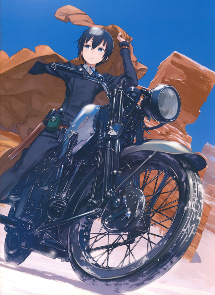 00s, 1girl, androgynous, black_eyes, black_hair, cover, expressionless, female, gun, handgun, hermes, holster, kino, kino_no_tabi, kuroboshi_kouhaku, long_sleeves, motorad, motorcycle, official_art, reverse_trap, revolver, short_hair, solo, vehicle, weapon