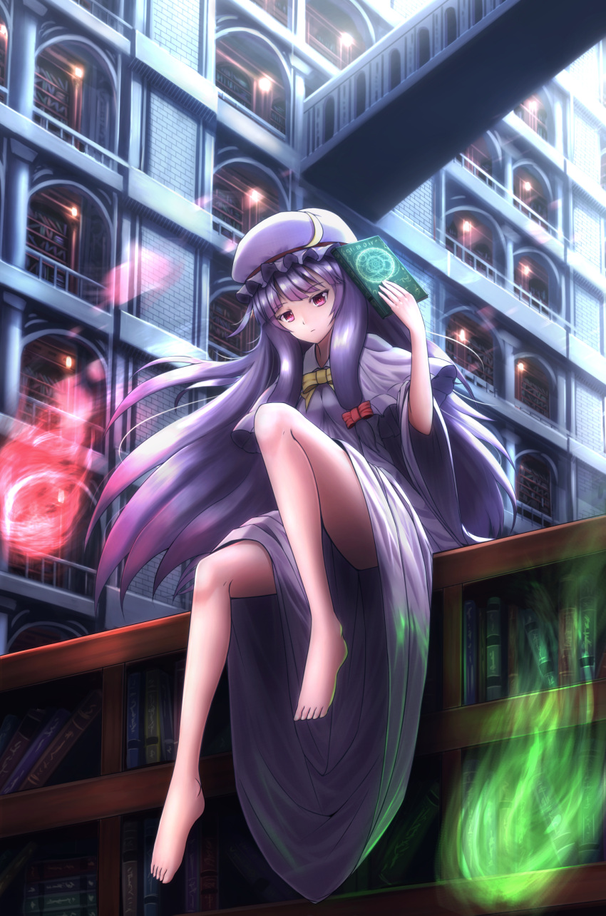 1girl, barefoot, book, bookshelf, crescent, crescent_moon_pin, dress, fire