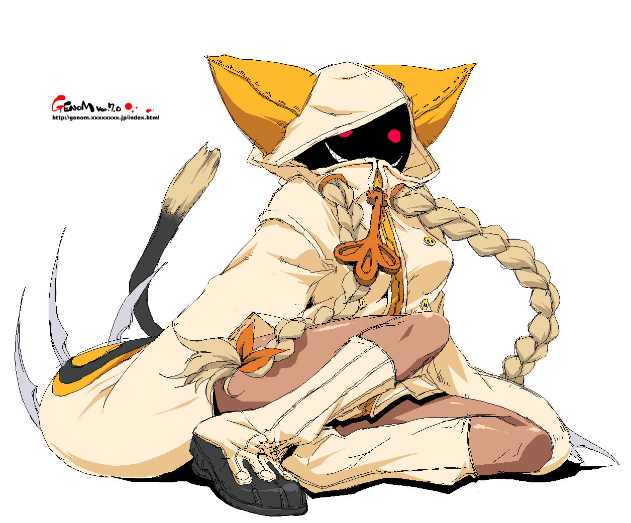 blazblue, blonde_hair, braid, cat_ears, cat_hood, claws, dark_skin, grin