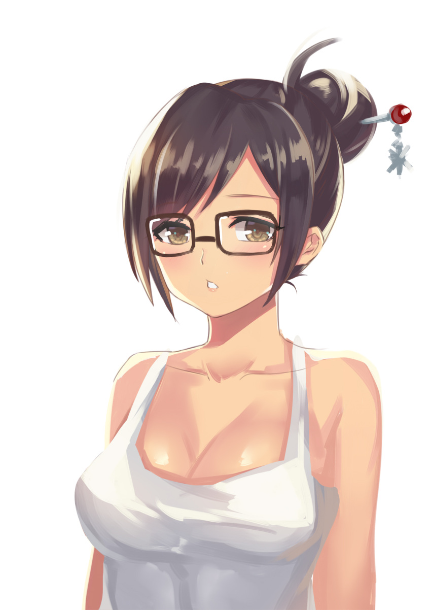 1girl, black-framed_eyewear, breasts, brown_eyes, brown_hair, cleavage, collarbone, glasses