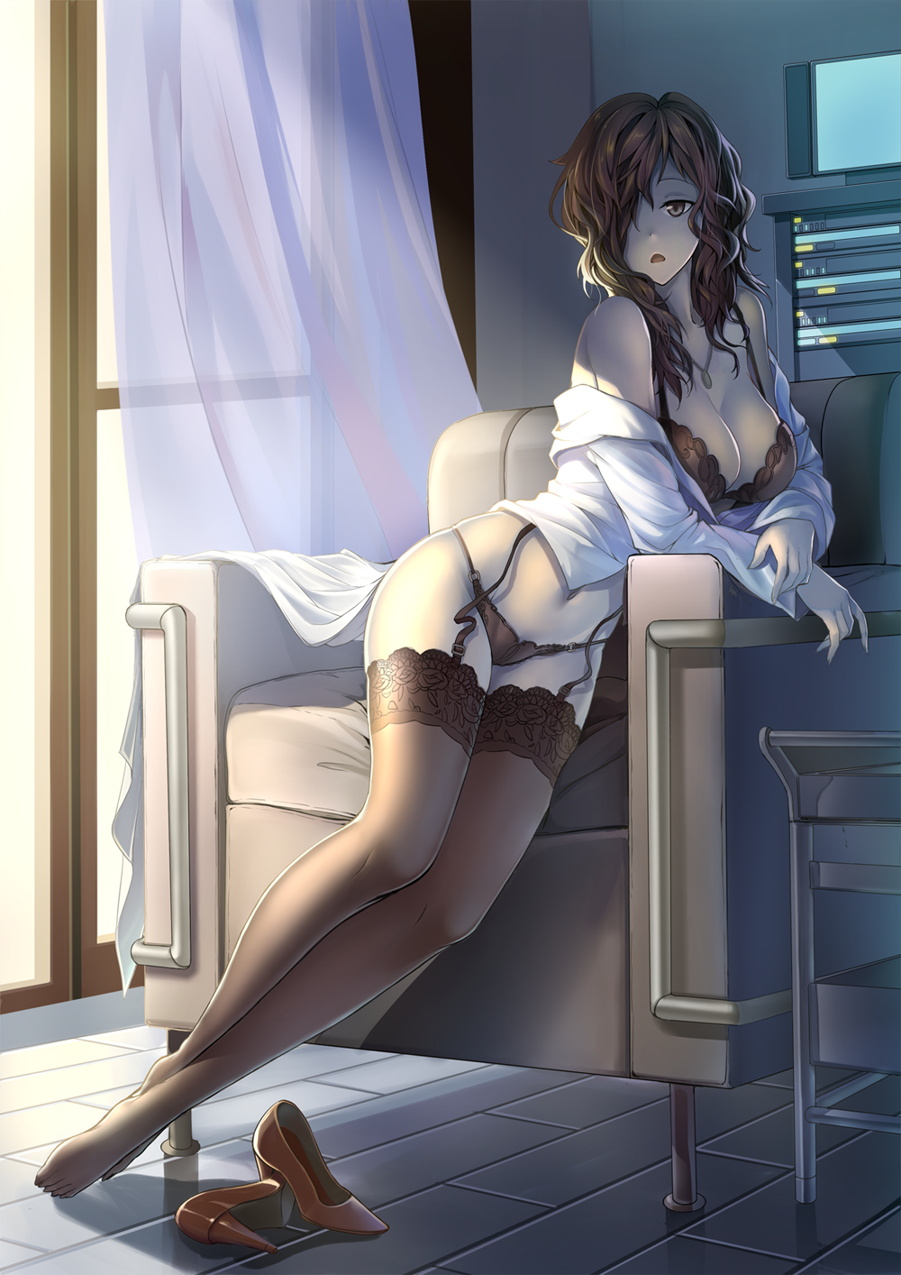 1girl, andy_h, armchair, ass, black_bra, black_bullet, black_legwear, black_panties