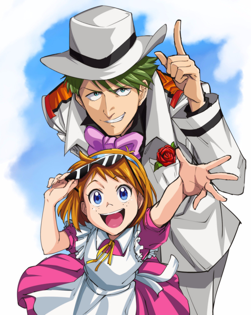 1boy, 1girl, 90s, :d, absurdres, apron, blue_eyes, bow