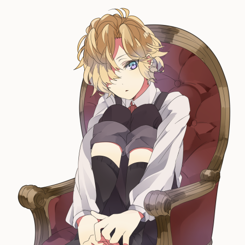 1boy, armchair, blonde_hair, blue_eyes, bowtie, capri_pants, chair, child
