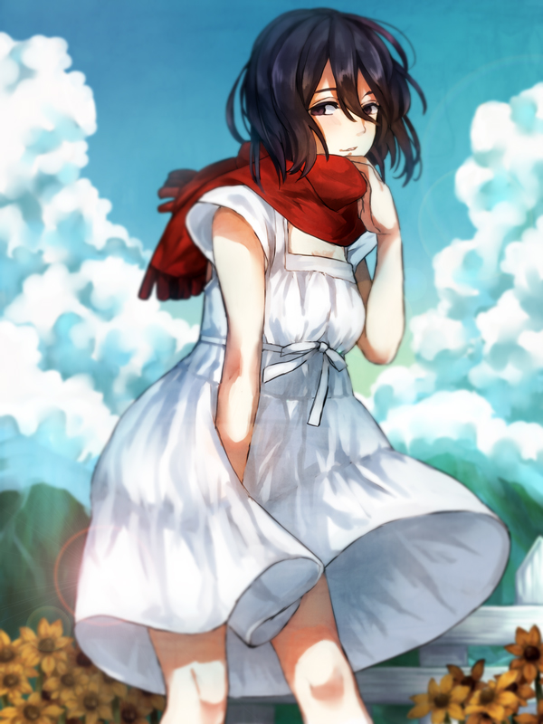 1girl, black_hair, brown_eyes, dress, flower, hair_between_eyes, looking_at_viewer, mikasa_ackerman