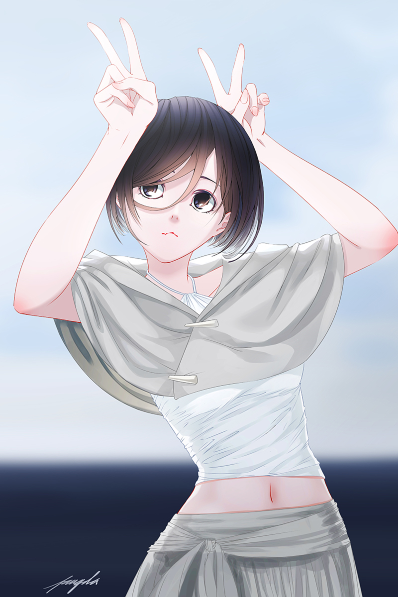arms_up, black_eyes, black_hair, double_v, hair_between_eyes, highres, houtachi, navel