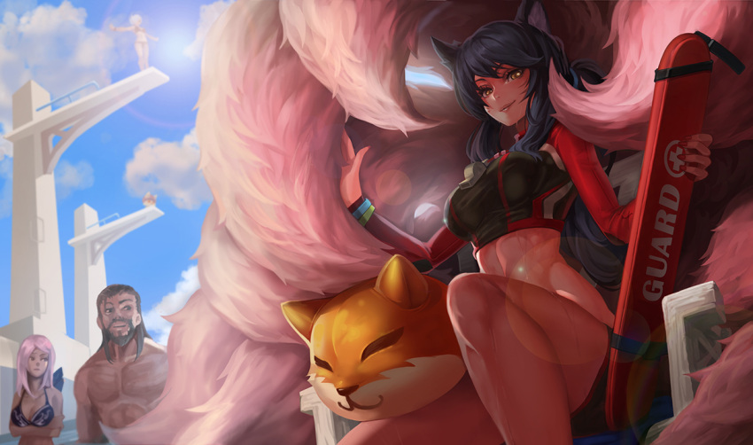 1boy, 3girls, ahri, alternate_costume, alternate_hairstyle, animal_ears, ashe_(league_of_legends), beard