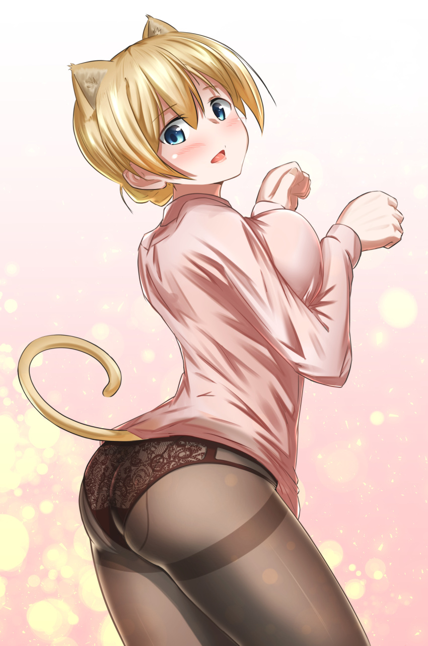 1girl, animal_ears, ass, bangs, black_legwear, black_panties, blonde_hair, blue_eyes, braid, breast_press, breasts, cat_ears, cat_tail, darjeeling, floral_print, from_side, girls_und_panzer, hair_between_eyes, head_tilt, highres, kemonomimi_mode, large_breasts, lingerie, looking_at_viewer, open_mouth, orange_(sal1014), panties, panties_over_pantyhose, pantyhose, paw_pose, pink_background, pink_blouse, short_hair, solo, tail, thighband_pantyhose, thighs, tied_hair, twin_braids, underwear