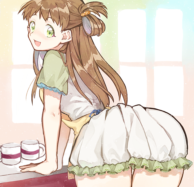 1girl, :d, apron, bent_over, brown_hair, cup, dress, f_(f_gmmr2)