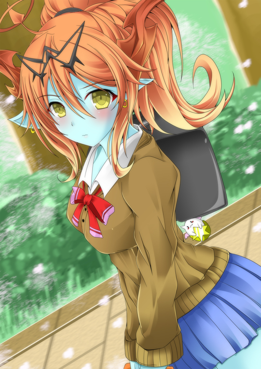 1girl, ahoge, bag, blue_skin, blush, breasts, demon_girl, dutch_angle