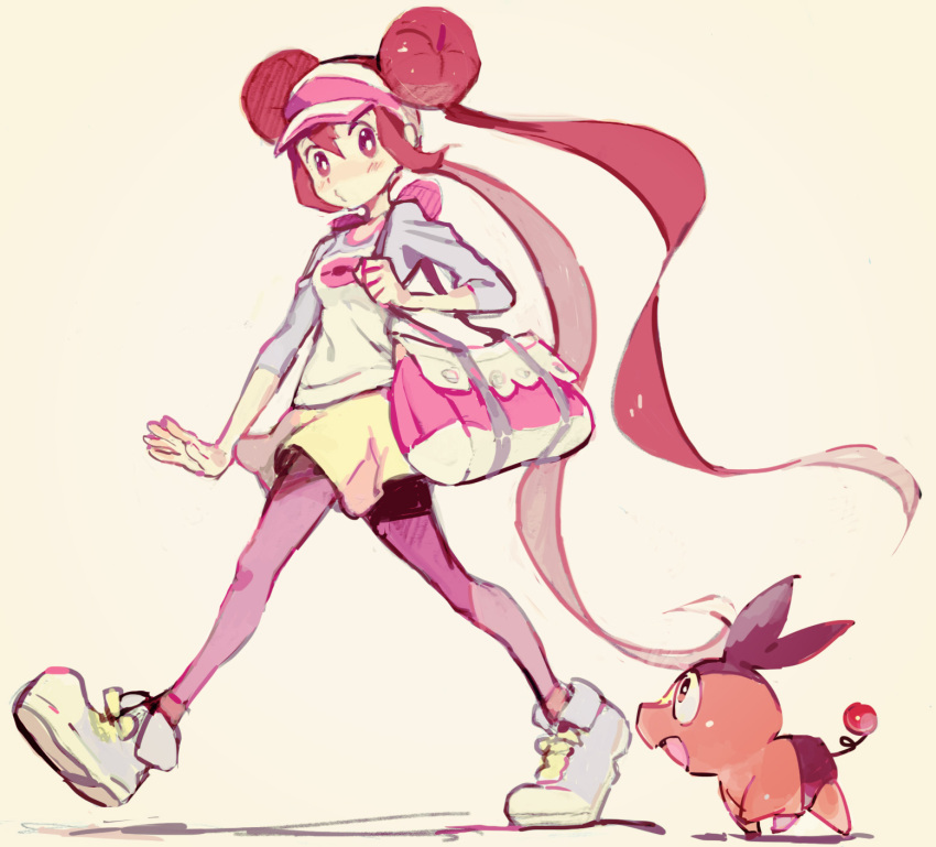 10s, 1girl, bag, blush, brown_hair, double_bun, handbag, highres, irima_(doron), legwear_under_shorts, long_hair, mei_(pokemon), pantyhose, pixiv_1218756, pokemon, pokemon_(creature), pokemon_(game), pokemon_bw2, raglan_sleeves, shoes, short_shorts, shorts, simple_background, sneakers, tepig, twintails, very_long_hair, visor_cap, walking, yellow_shorts