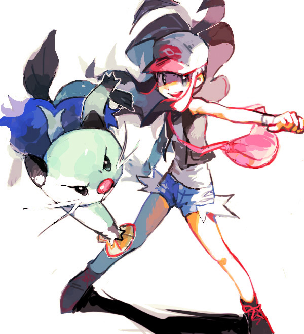 10s, bag, baseball_cap, boots, brown_hair, denim, denim_shorts, dewott