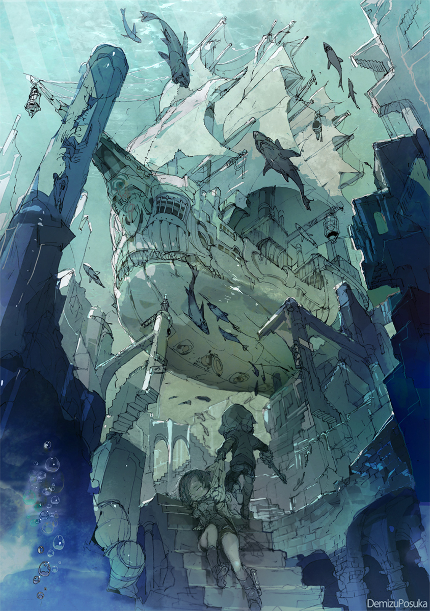 1girl, artist_name, barrel, boat, clothes_grab, demizu_posuka, fantasy, fish
