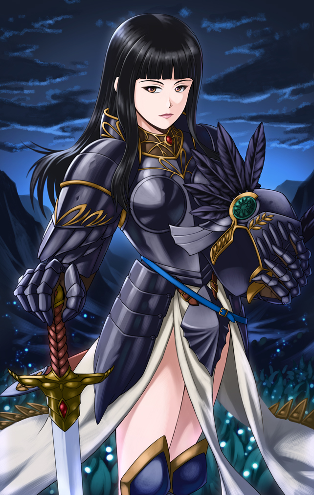 1girl, arm_guards, armor, armored_dress, black_feathers, black_gloves, black_hair, breastplate