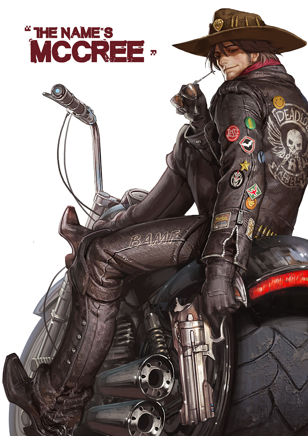 1boy, beard, black_gloves, black_jacket, boots, brown_eyes, brown_hair, bullet