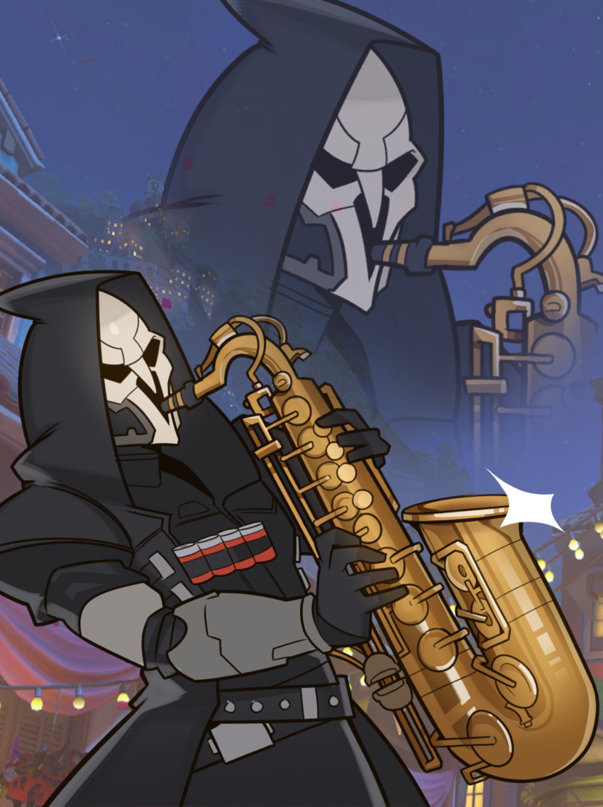 1boy, bandolier, face_mask, gloves, highres, hood, hooded_jacket, instrument