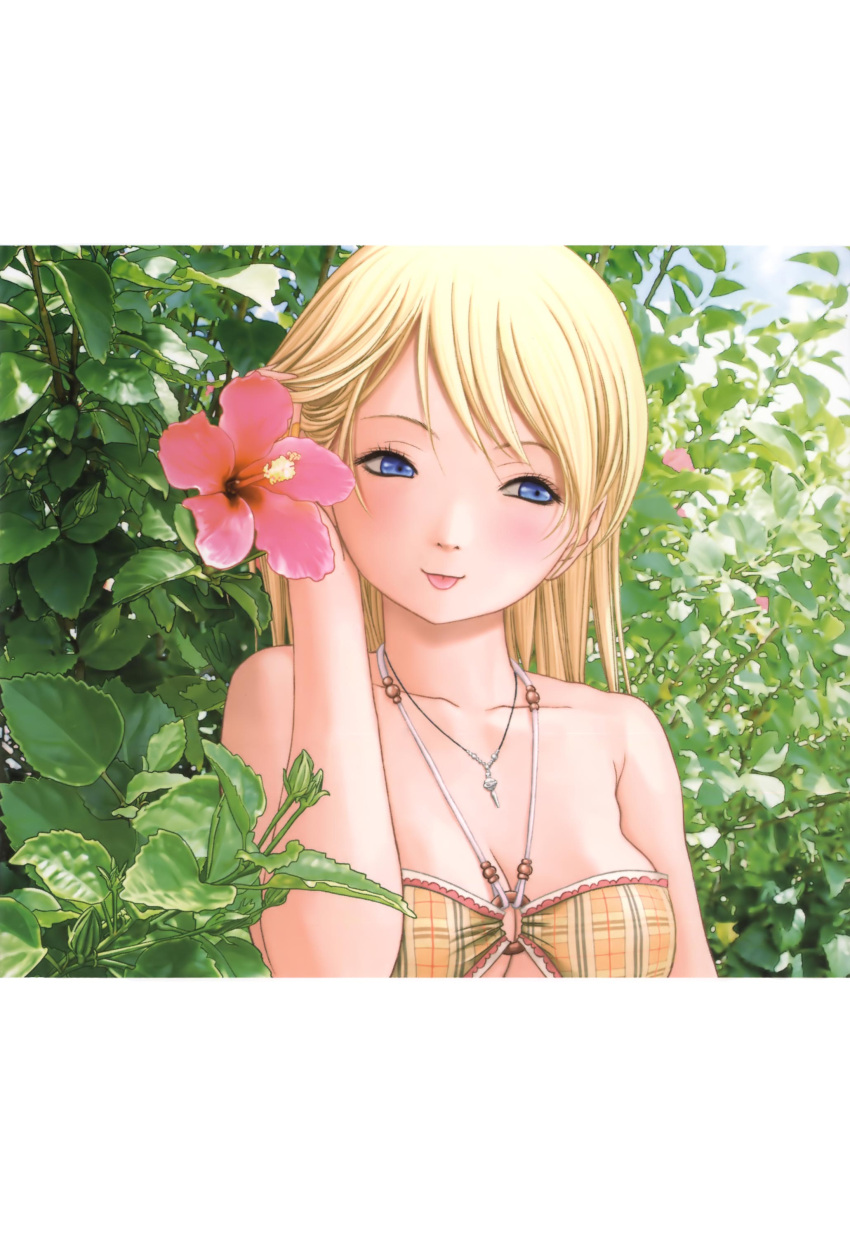 1girl, :p, absurdres, artbook, bandeau, bare_shoulders, bikini, blonde_hair