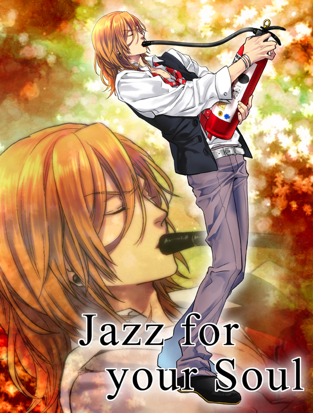 1boy, blonde_hair, bracelet, closed_eyes, earrings, english, fire_extinguisher, jazz_for_your_soul_(meme)