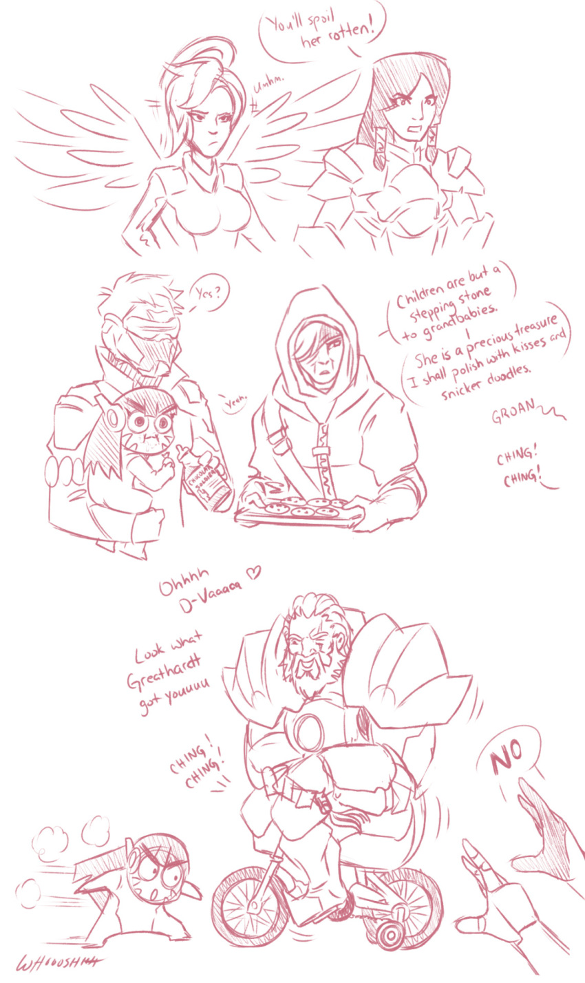2boys, 4girls, ana_(overwatch), armor, beard, bicycle, black_hair, bodysuit