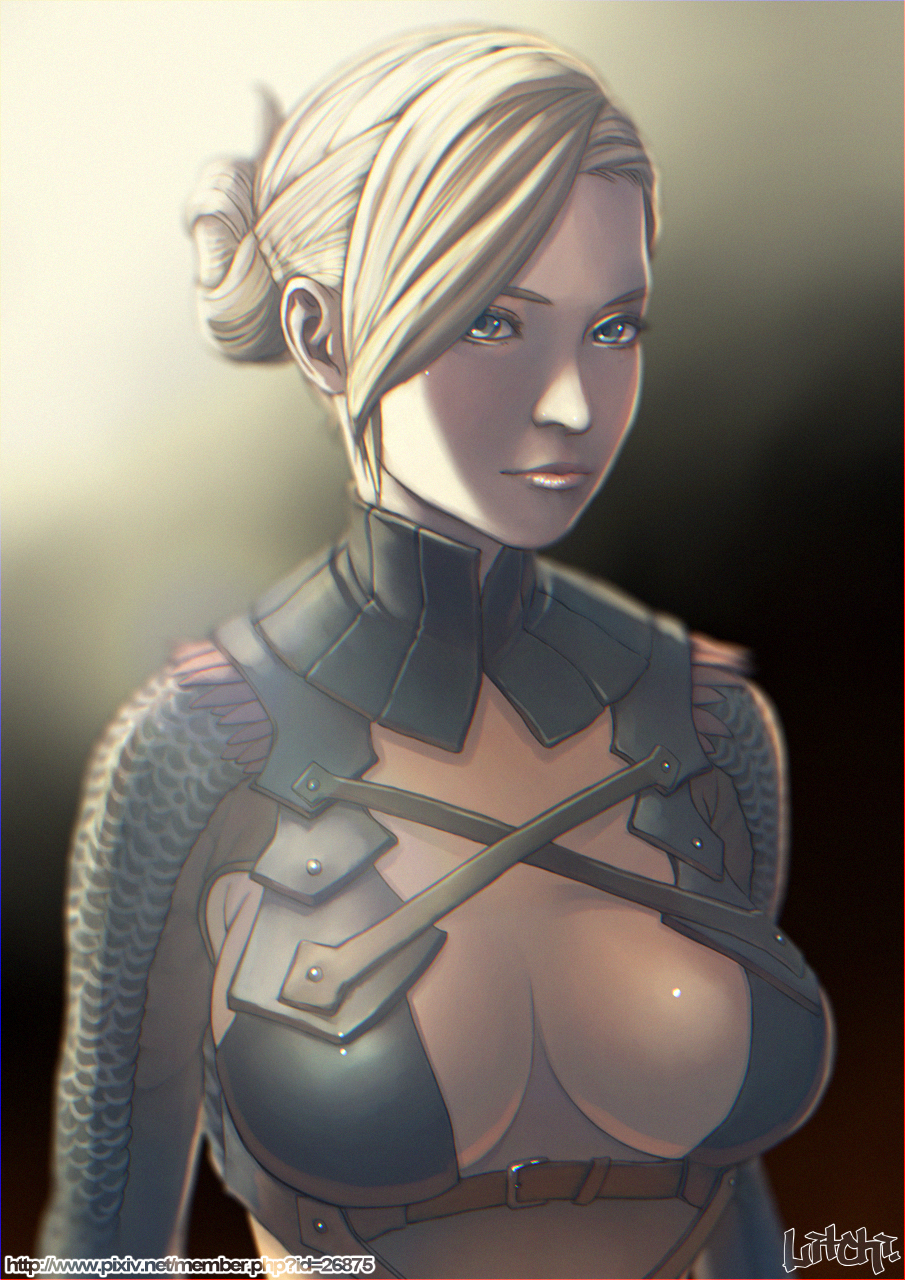 1girl, armor, asymmetrical_bangs, bangs, bikini_armor, blonde_hair, blue_eyes, border