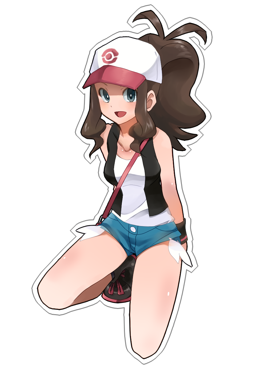10s, 1girl, baseball_cap, blue_eyes, blush, breasts, brown_hair, cutoffs, denim, denim_shorts, hat, highres, long_hair, pokemon, pokemon_(game), pokemon_bw, ponytail, rdim6gr8, short_shorts, shorts, solo, touko_(pokemon), white_background