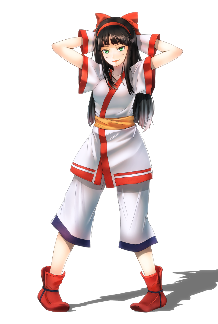 1girl, ainu_clothes, ankle_boots, arms_behind_head, black_hair, boots, bow, cosplay
