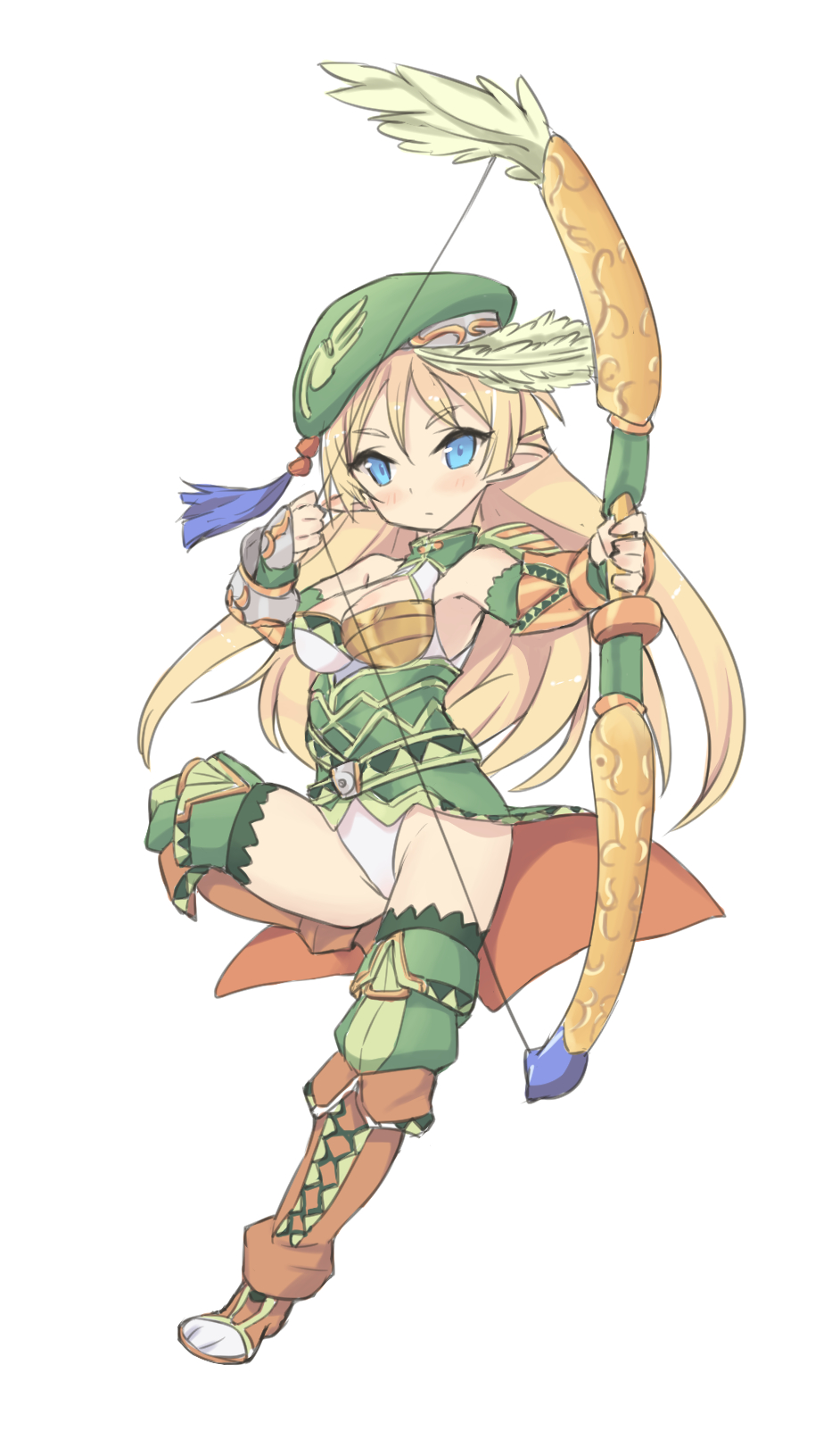 1girl, beret, blonde_hair, blush, boots, bow_(weapon), breasts, cleavage