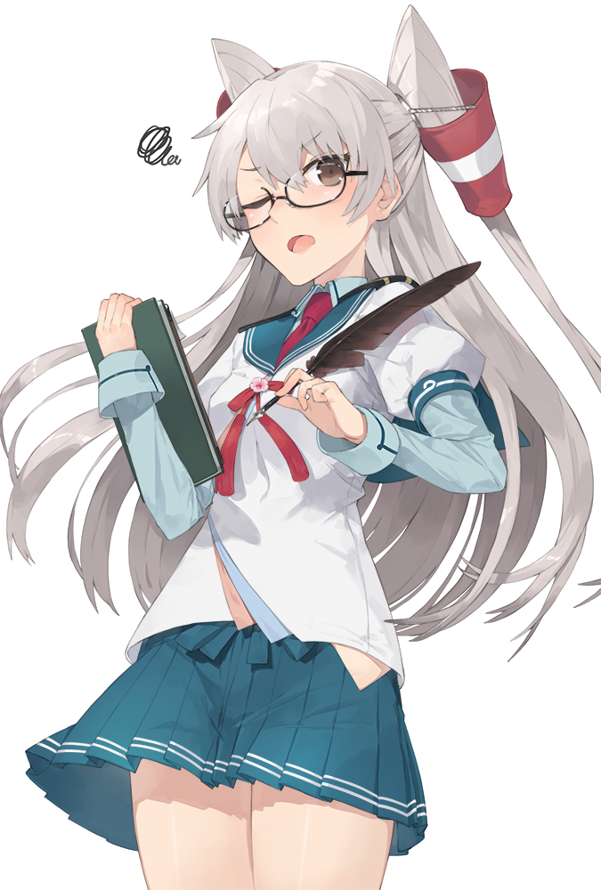 1girl, amatsukaze_(kantai_collection), brown_eyes, clipboard, cosplay, glasses, hair_ribbon, hair_tubes