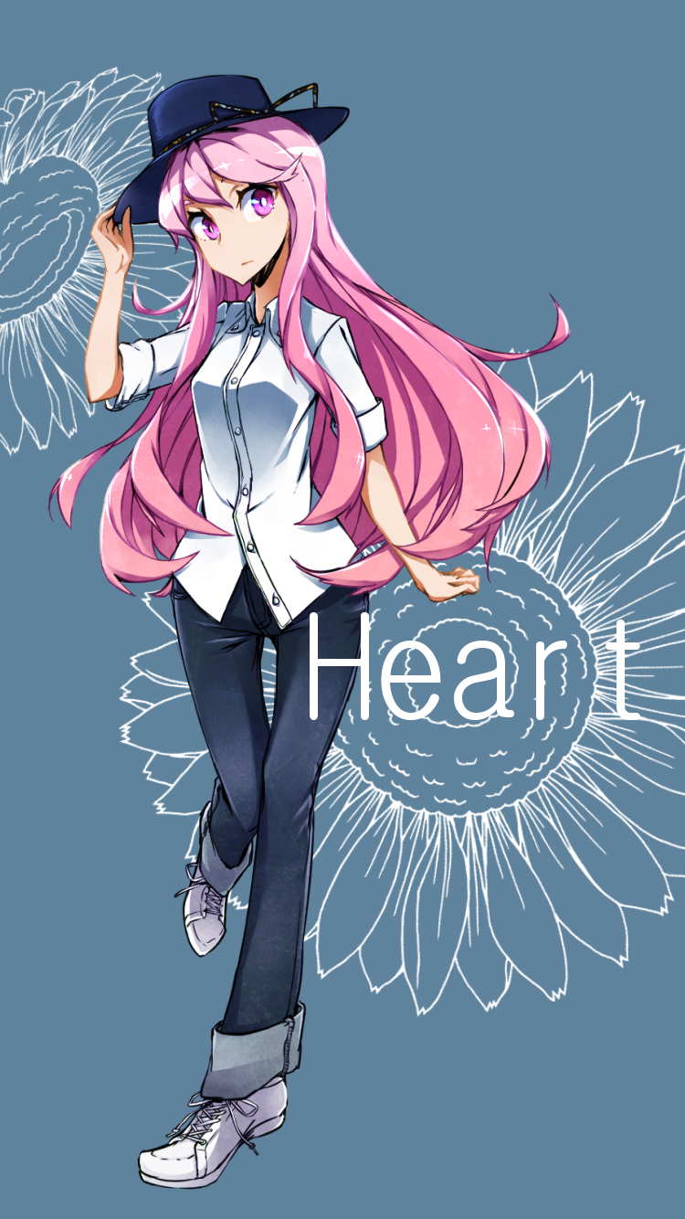 1girl, alternate_costume, arm_at_side, blouse, blue_background, casual, colored_eyelashes, denim, english, expressionless, floral_background, flower, full_body, hat, hata_no_kokoro, highres, holding, holding_hat, jeans, long_hair, monokero, pants, pink_eyes, pink_hair, shoes, short_sleeves, sneakers, standing, standing_on_one_leg, sunflower, touhou, white_blouse