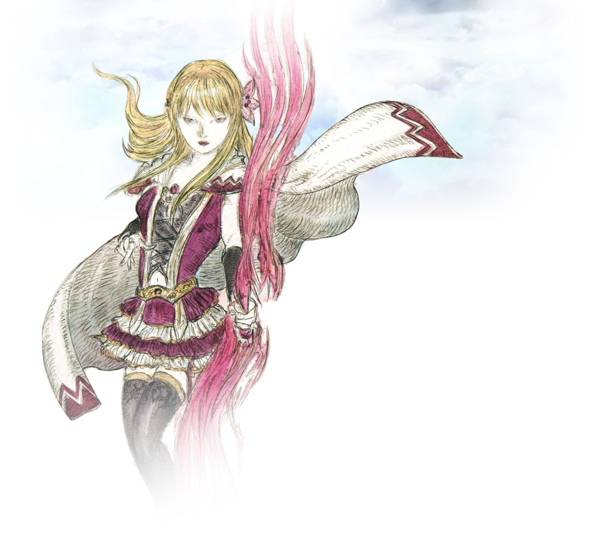 1girl, amano_yoshitaka, blonde_hair, bow_(weapon), brown_eyes, cape, fina_(ff_be), final_fantasy